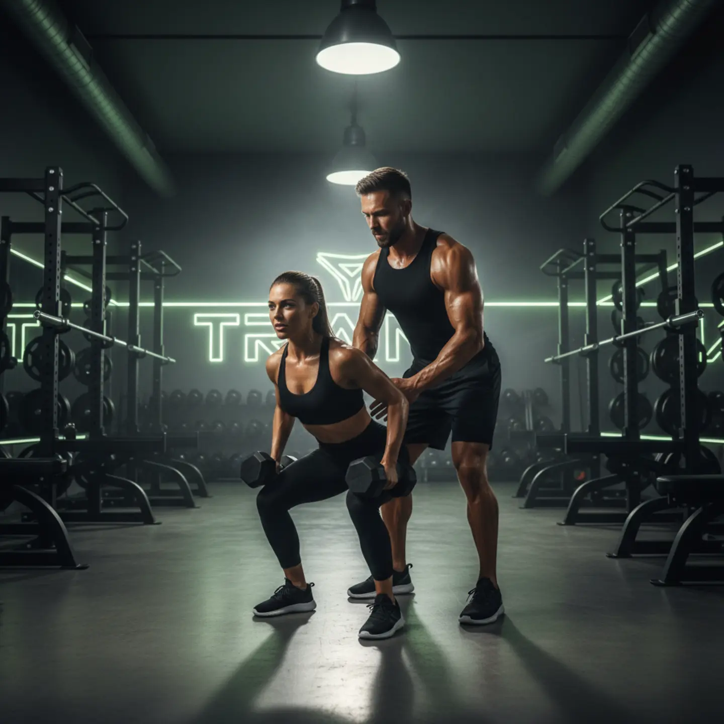 Elite personal trainer guiding a client through a heavy lift in a modern gym.